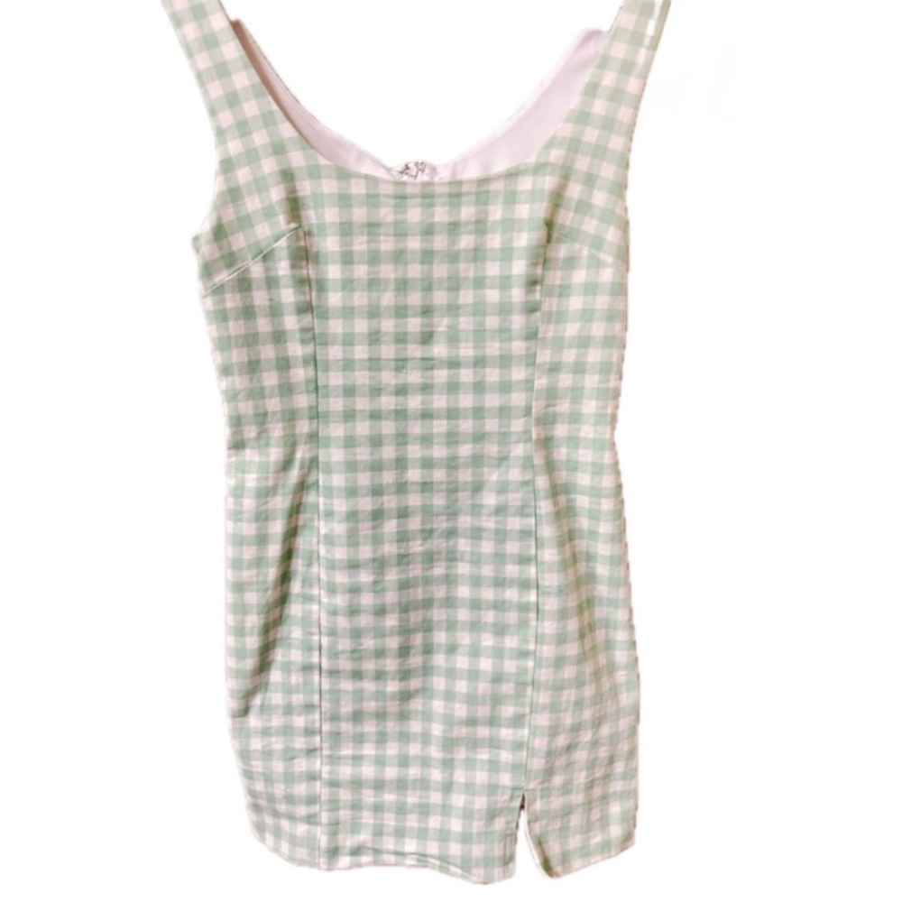Green Gingham Mini Dress Cottagecore Square Neck Front Slit Small - Picture 2 of 8